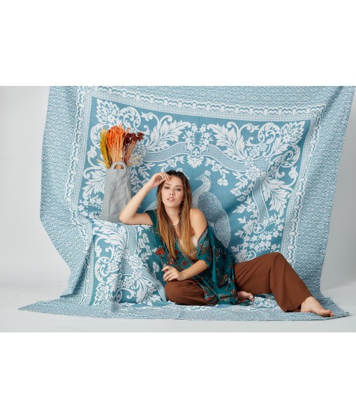 Vintage design peacock Handmade Bedspread - Blue